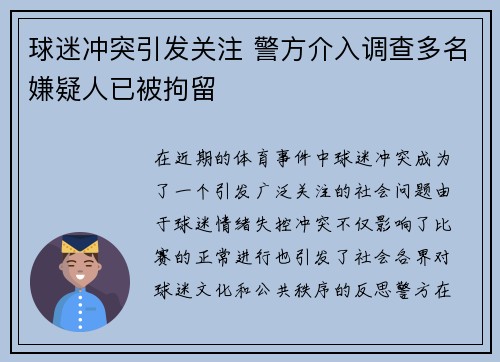 球迷冲突引发关注 警方介入调查多名嫌疑人已被拘留